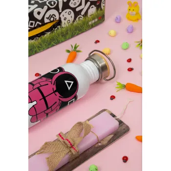 The squid game, Πασχαλινή Λαμπάδα με παγούρι μεταλλικό (620ml, stainless steel) & κερί αρωματικό πλακέ (30cm) (ΡΟΖ)