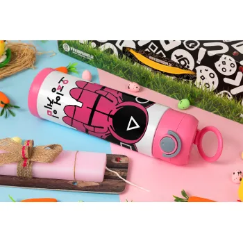 The squid game, Easter candle, Childrens hot water bottle, stainless steel, with safety straw, PINK (500ml)