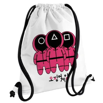 The squid game, Backpack pouch GYMBAG white, with pocket (40x48cm) & thick cords