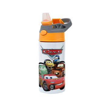 Αυτοκίνητα, Παιδικό παγούρι θερμό, ανοξείδωτο, με καλαμάκι ασφαλείας, Πορτοκαλί/Γκρι (360ml) BPA-FREE