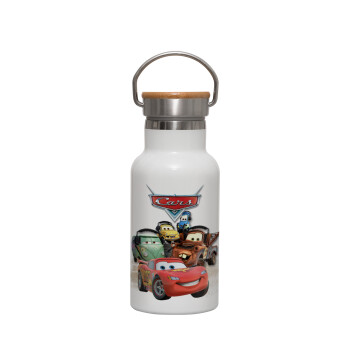 Αυτοκίνητα, Μεταλλικό παγούρι θερμός (Stainless steel) Λευκό με ξύλινο καπακι (bamboo), διπλού τοιχώματος, 350ml