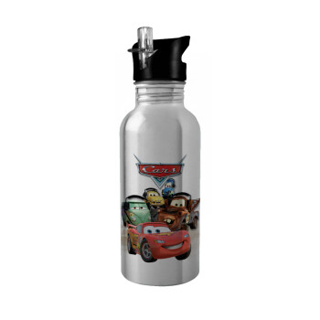 Αυτοκίνητα, Water bottle Silver with straw, stainless steel 600ml