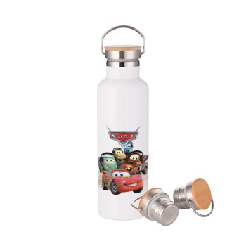 Αυτοκίνητα, Μεταλλικό παγούρι θερμός (Stainless steel) Λευκό με ξύλινο καπάκι (bamboo), διπλού τοιχώματος, 750ml