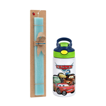 Αυτοκίνητα, Πασχαλινό Σετ, Παιδικό παγούρι θερμό, ανοξείδωτο, με καλαμάκι ασφαλείας, πράσινο/μπλε (350ml) & πασχαλινή λαμπάδα αρωματική πλακέ (30cm) (ΤΙΡΚΟΥΑΖ)