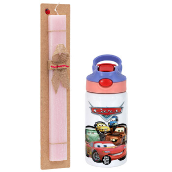 Αυτοκίνητα, Πασχαλινό Σετ, Παιδικό παγούρι θερμό, ανοξείδωτο, με καλαμάκι ασφαλείας, ροζ/μωβ (350ml) & πασχαλινή λαμπάδα αρωματική πλακέ (30cm) (ΡΟΖ)