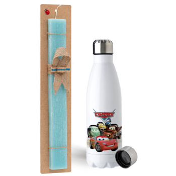 Αυτοκίνητα, Easter Set, metallic stainless steel water bottle (750ml) & aromatic flat Easter candle (30cm) (TURQUOISE)