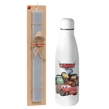 Αυτοκίνητα, Easter Set, metallic stainless thermos bottle (500ml) & scented flat Easter candle (30cm) (GRAY)