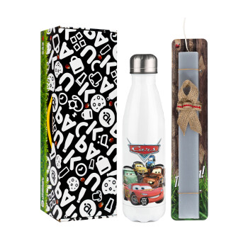 Αυτοκίνητα, Easter candle, metallic white thermos bottle (500ml) & aromatic flat candle (30cm) (GRAY)