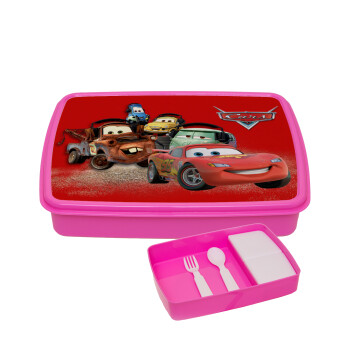 Αυτοκίνητα, ΡΟΖ παιδικό δοχείο φαγητού πλαστικό με παιδικά μαχαιροπίρουρα & 2 εσωτερικά δοχεία (BPA-FREE) Lunch Βox M23 x Π18 x Υ4cm