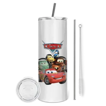 Αυτοκίνητα, Tumbler ποτήρι θερμό από ανοξείδωτο ατσάλι 600ml, με μεταλλικό καλαμάκι & βούρτσα καθαρισμού
