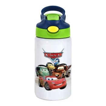 Αυτοκίνητα, Children's hot water bottle, stainless steel, with safety straw, green, blue (350ml)