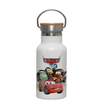 Αυτοκίνητα, Metallic thermos (Stainless steel) White with wooden lid (bamboo), double-walled, 350ml