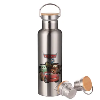 Αυτοκίνητα, Stainless steel Silver with wooden lid (bamboo), double wall, 750ml