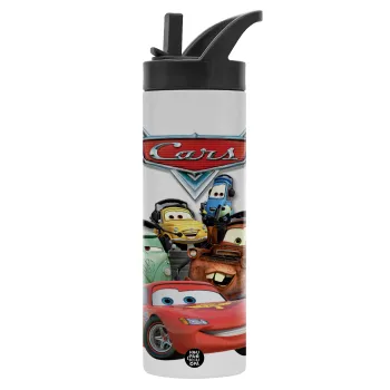 Αυτοκίνητα, Metallic thermos bottle with straw & handle, stainless steel (Stainless steel 304), double-walled, 600ml.