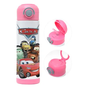 Αυτοκίνητα, Children's hot water bottle, stainless steel, with safety straw, PINK (500ml)