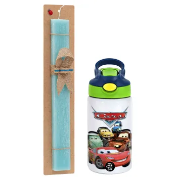 Αυτοκίνητα, Easter Set, Children's thermal stainless steel bottle with safety straw, green/blue (350ml) & aromatic flat Easter candle (30cm) (TURQUOISE)