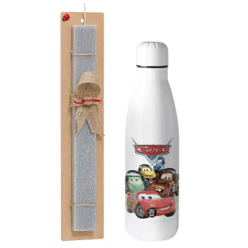 Αυτοκίνητα, Easter Set, metallic stainless thermos bottle (500ml) & scented flat Easter candle (30cm) (GRAY)