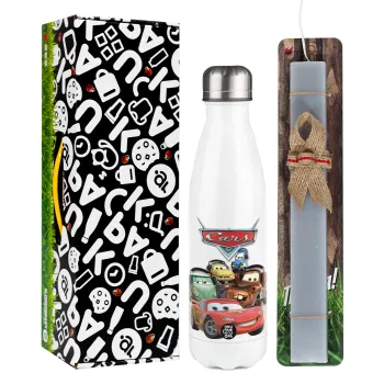 Αυτοκίνητα, Easter candle, metallic white thermos bottle (500ml) & aromatic flat candle (30cm) (GRAY)