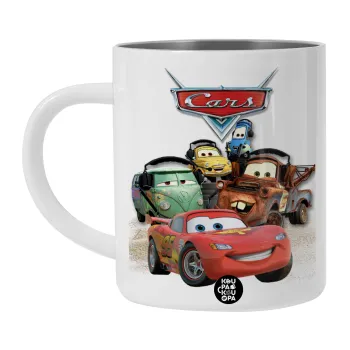 Αυτοκίνητα, Λευκή Ανοξείδωτη Μεταλλική Κούπα 450ml - Διπλού Τοιχώματος 