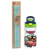 Easter Set, Children's thermal stainless steel bottle with safety straw, green/blue (350ml) & aromatic flat Easter candle (30cm) (TURQUOISE)