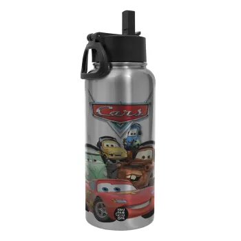 Αυτοκίνητα, Metal mug thermo Silver with Straw and Spout Lid (Stainless steel), double wall, 950ml