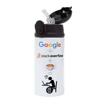 Google + Stack overflow + Coffee, Children's hot water bottle, stainless steel, with safety straw, Black (360ml) BPA-FREE