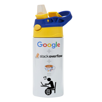 Google + Stack overflow + Coffee, Children's hot water bottle, stainless steel, with safety straw, green, blue (360ml) BPA FREE