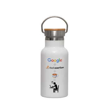 Google + Stack overflow + Coffee, Metallic thermos (Stainless steel) White with wooden lid (bamboo), double-walled, 350ml