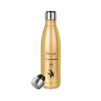 Google + Stack overflow + Coffee, Μεταλλικό παγούρι θερμός Glitter χρυσό (Stainless steel), διπλού τοιχώματος, 500ml