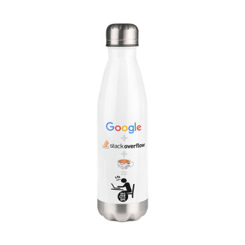 Google + Stack overflow + Coffee, Μεταλλικό παγούρι θερμός Λευκό (Stainless steel), διπλού τοιχώματος, 500ml