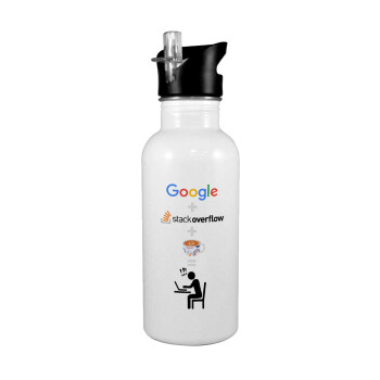 Google + Stack overflow + Coffee, White water bottle with straw, stainless steel 600ml