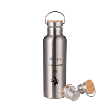 Google + Stack overflow + Coffee, Stainless steel Silver with wooden lid (bamboo), double wall, 750ml