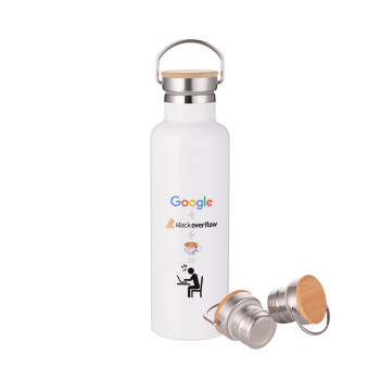 Google + Stack overflow + Coffee, Stainless steel White with wooden lid (bamboo), double wall, 750ml