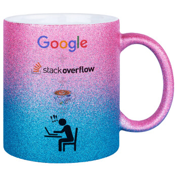 Google + Stack overflow + Coffee, Κούπα Χρυσή/Μπλε Glitter, κεραμική, 330ml