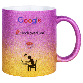 Google + Stack overflow + Coffee, Κούπα Χρυσή/Ροζ Glitter, κεραμική, 330ml