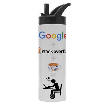 Google + Stack overflow + Coffee, Metallic thermos bottle with straw & handle, stainless steel (Stainless steel 304), double-walled, 600ml.