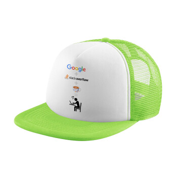 Google + Stack overflow + Coffee, Καπέλο Soft Trucker με Δίχτυ Πράσινο/Λευκό