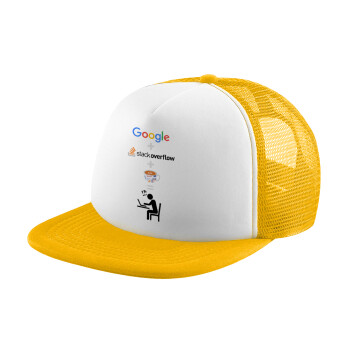 Google + Stack overflow + Coffee, Καπέλο Ενηλίκων Soft Trucker με Δίχτυ Κίτρινο/White (POLYESTER, ΕΝΗΛΙΚΩΝ, UNISEX, ONE SIZE)