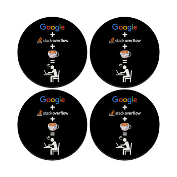 Google + Stack overflow + Coffee, ΣΕΤ 4 Σουβέρ ξύλινα στρογγυλά (9cm)