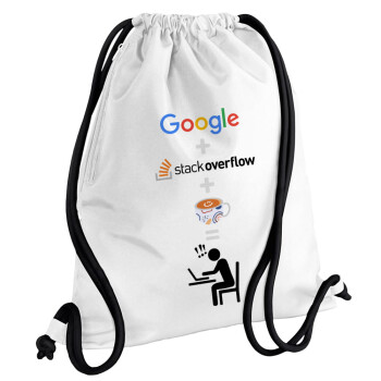 Google + Stack overflow + Coffee, Τσάντα πλάτης πουγκί GYMBAG λευκή, με τσέπη (40x48cm) & χονδρά κορδόνια