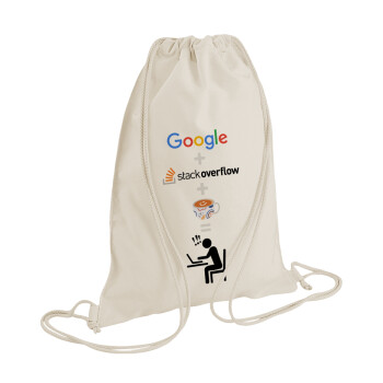 Google + Stack overflow + Coffee, Τσάντα πλάτης πουγκί GYMBAG natural (28x40cm)