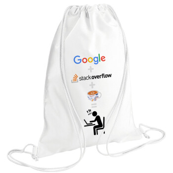 Google + Stack overflow + Coffee, Τσάντα πλάτης πουγκί GYMBAG λευκή (28x40cm)