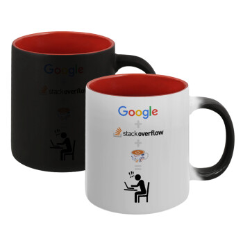 Google + Stack overflow + Coffee, Κούπα Μαγική εσωτερικό κόκκινο, κεραμική, 330ml που αλλάζει χρώμα με το ζεστό ρόφημα