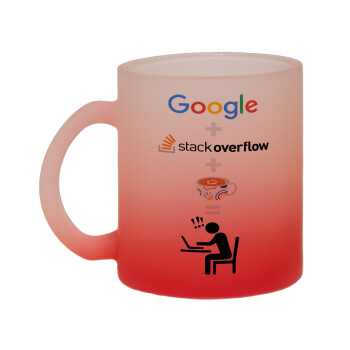 Google + Stack overflow + Coffee, Κούπα γυάλινη δίχρωμη με βάση το κόκκινο ματ, 330ml