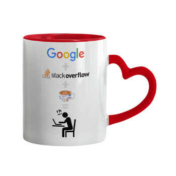 Google + Stack overflow + Coffee, Mug heart red handle, ceramic, 330ml