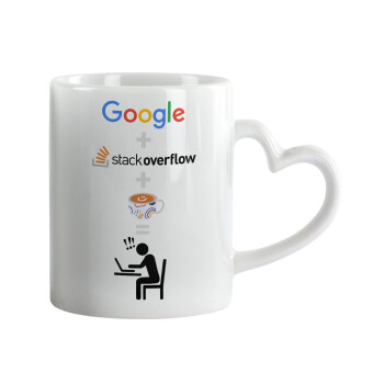 Google + Stack overflow + Coffee, Κούπα καρδιά χερούλι λευκή, κεραμική, 330ml