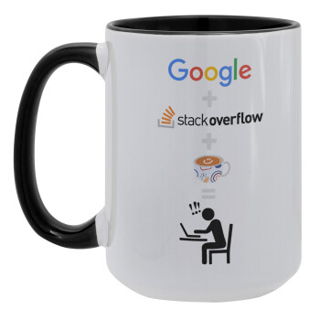 Google + Stack overflow + Coffee, Κούπα Mega 15oz, κεραμική Μαύρη, 450ml