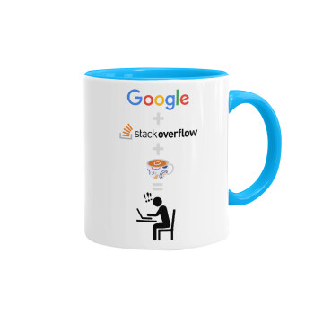 Google + Stack overflow + Coffee, Κούπα χρωματιστή γαλάζια, κεραμική, 330ml