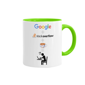 Google + Stack overflow + Coffee, Mug colored light green, ceramic, 330ml