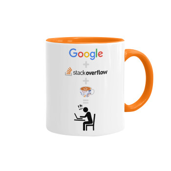 Google + Stack overflow + Coffee, Κούπα χρωματιστή πορτοκαλί, κεραμική, 330ml